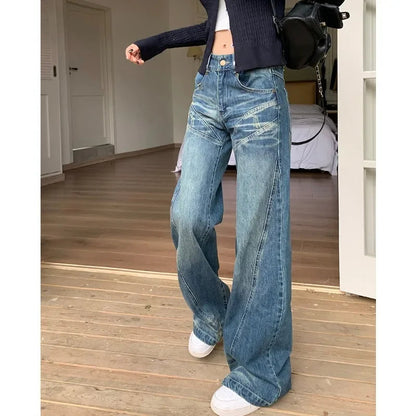 High Waist Loose All Match Jeans Autumn New Korean Splicing Washed Denim Wide Leg Pants
