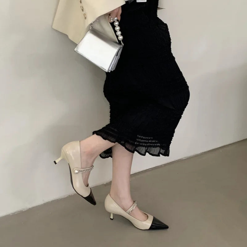 Pointed Toe Thin High Heel Shoes Summer Design Buckle Metal Decoration Banquet Mary Jane Shoes