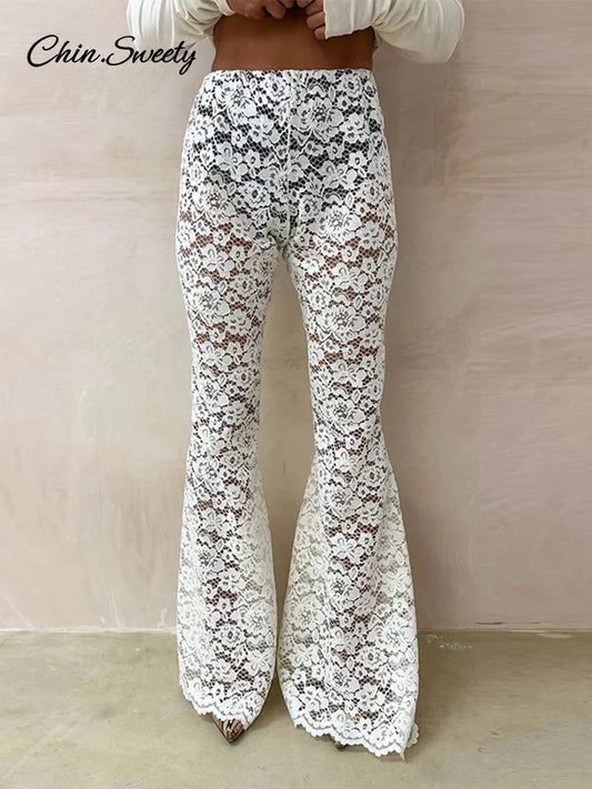 Lace Sheer Flare Pant Hollow Out Lady Vacation Long Trousers Female Spring Elastic High Waist New