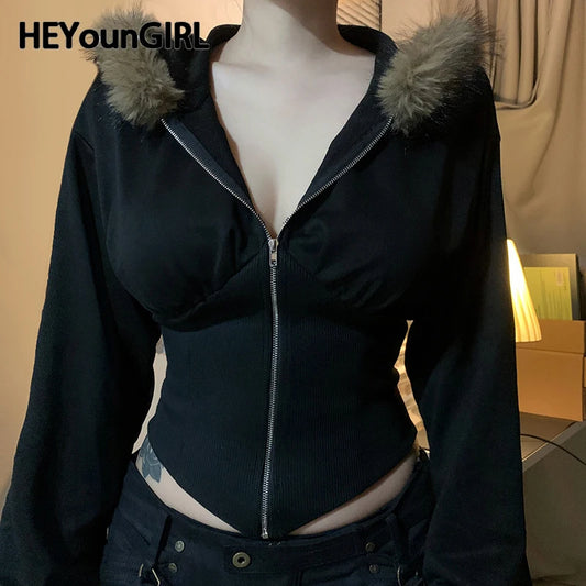 Y2k Fur Trim Hoodie Cardigan Basic Black Slim Cropped Jacket 90s Winter Zipper Coat Harajuku