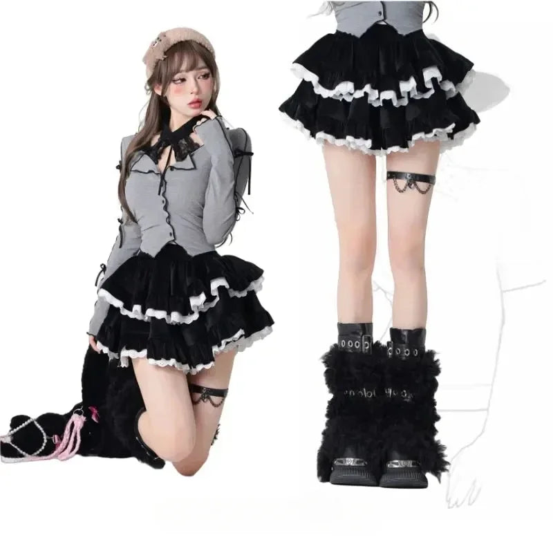 Brown Sweet Corduroy Skirt Korean Style Kawaii Cake Mini Skirt Black Lace Spliced High Waist Ruffle Short Skirts
