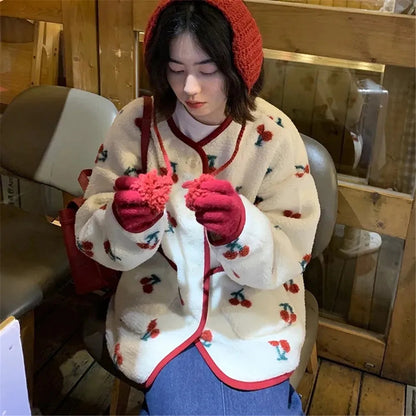 Sweet Jacket Lambswool Cherry Print Oversized Outwear Y2k Clothes Thicked Coat Kawaii Ropa Mujer