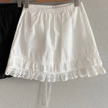 Laceup Pleated Color Aline Skirt Summer New High Waist Lace Splicing Hollow Out Mini Skirt