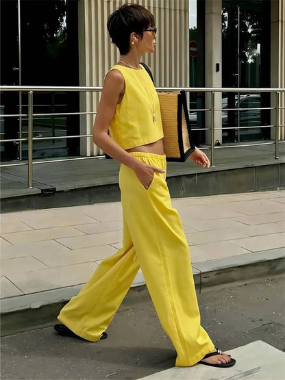 Summer 2 Piece-set ’s Pants Sleeveless Cropped Vest Top and Wide Leg Trousers Sets Female Outfits Trousers