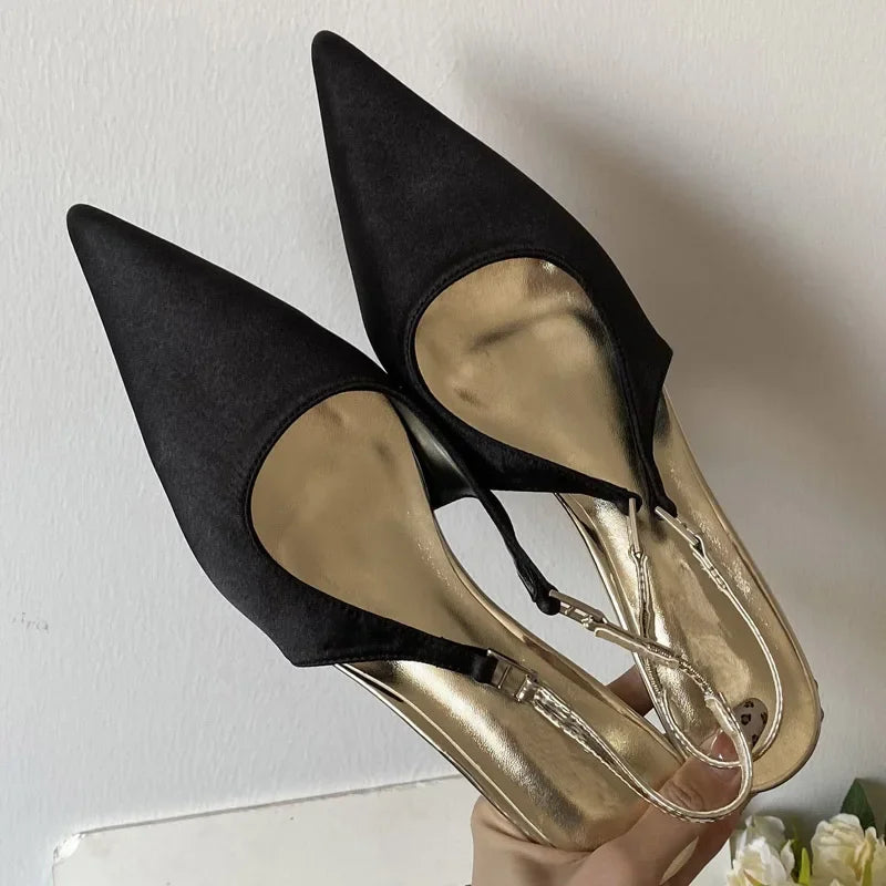 Satin Pointed Toe Mules Pumps Sandals Spring Shallow Thin Low Heels Female Shoes