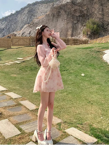 Halterneck Dress for Korean Pink Rose Chiffon Clothing New Summer Party Korean Long Dresses.