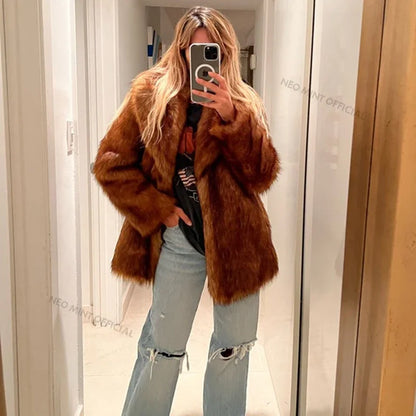 Brand Long Furry Faux Fur Coat Winter Brown Gradient Thick Warm Outerwear Fluffy Fur Jacket