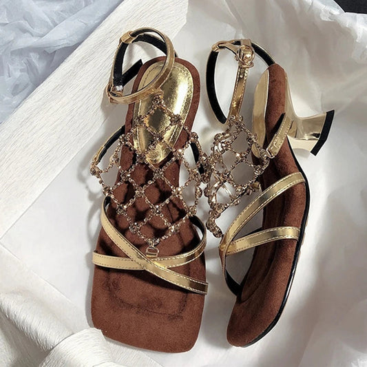 Roma Style Hollow Out Crystal Mesh Sandals Cozy Square Open Toe Strange Low Heels Shoes Summer Gladiator Sandalias