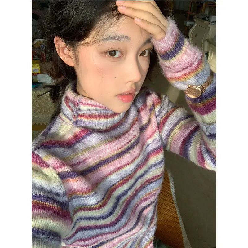French High Collar Sweater Rainbow Stripe Pullovers Age Reduction O Neck Knitwears Korean Sueter Mujer