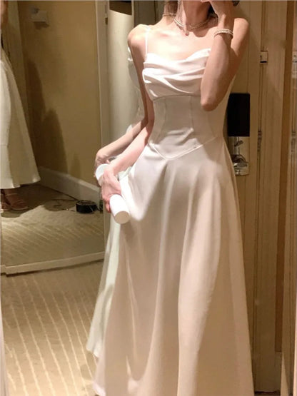 Midi Dress Sleeveless Vneck Spaghetti Strap Camisole Aline French Evening Party Prom Robe Vestidos