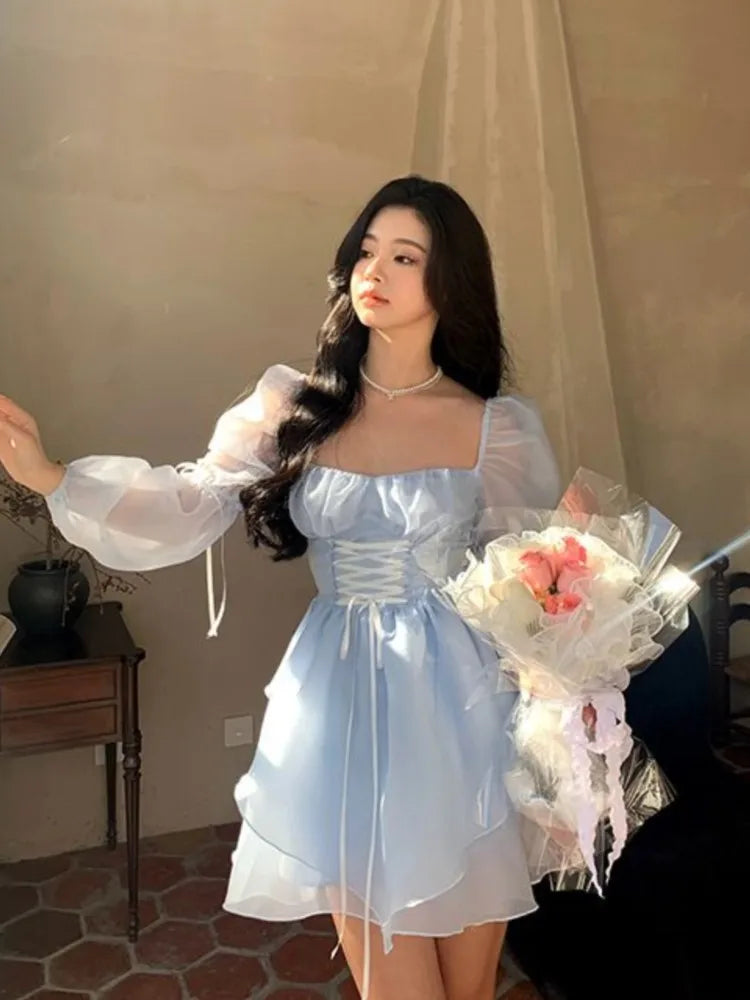 Sweet Kawaii Mini Dress Korean Party Dress Fairy Princess Puff Sleeve Summer Prom Dress