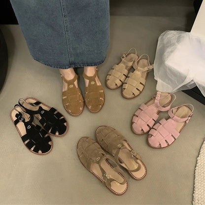 Roman Sandals Summer New Flat Retro Real Leather Sandals Hollowed Cage Shoes