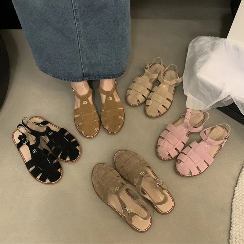 Roman Sandals Summer New Flat Retro Real Leather Sandals Hollowed Cage Shoes