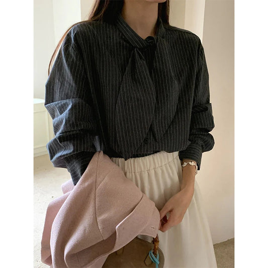 Striped Shirts Tie Long Sleeve Blouses Office Korean Single Breasted Design Tops