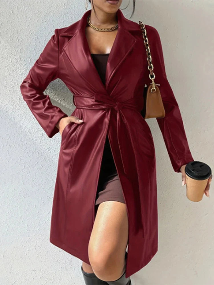 Pu Leather Trench Coat Belted Turn-down Collar