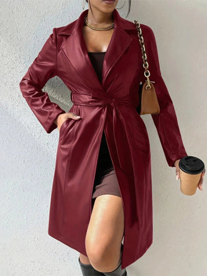 Pu Leather Trench Coat Belted Turn-down Collar