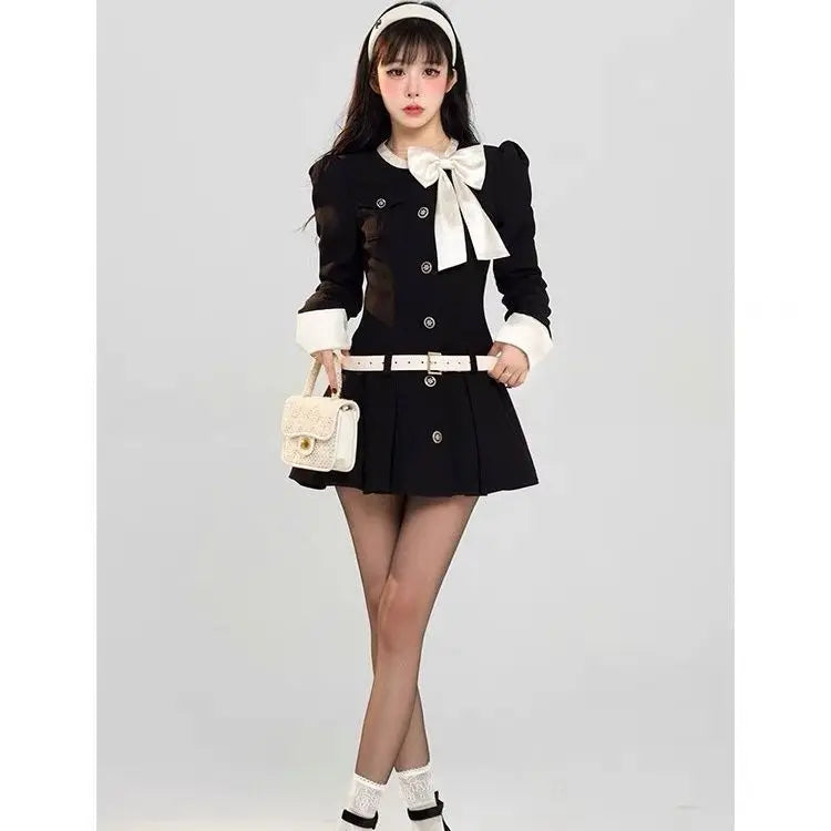 Sweet Bow Socialite Long Sleeve Black Dress for Autumn New Highend Waist Cinching Slimming Aline Pleated Mini Dress