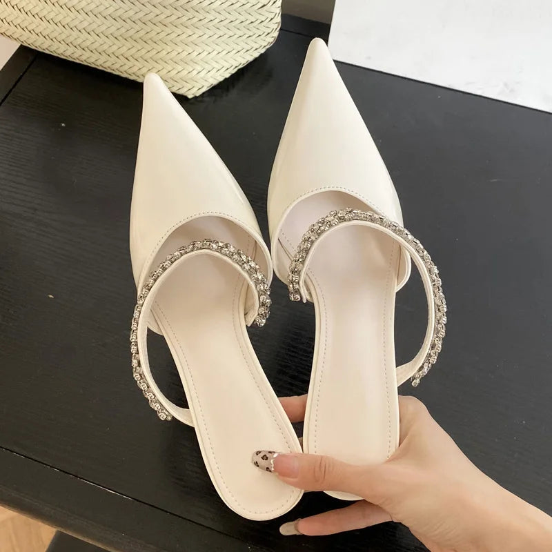 Spring Street Crystal Slipper Pointed Toe Thin Low Heel Sandal Slip on Mules Shoes Zapatos Mujer