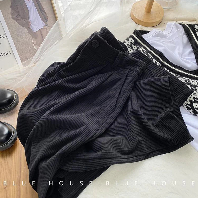 Corduroy Wide Leg Pants Baggy Trousers Harajuku Korean High Waist Black Full Length Pants