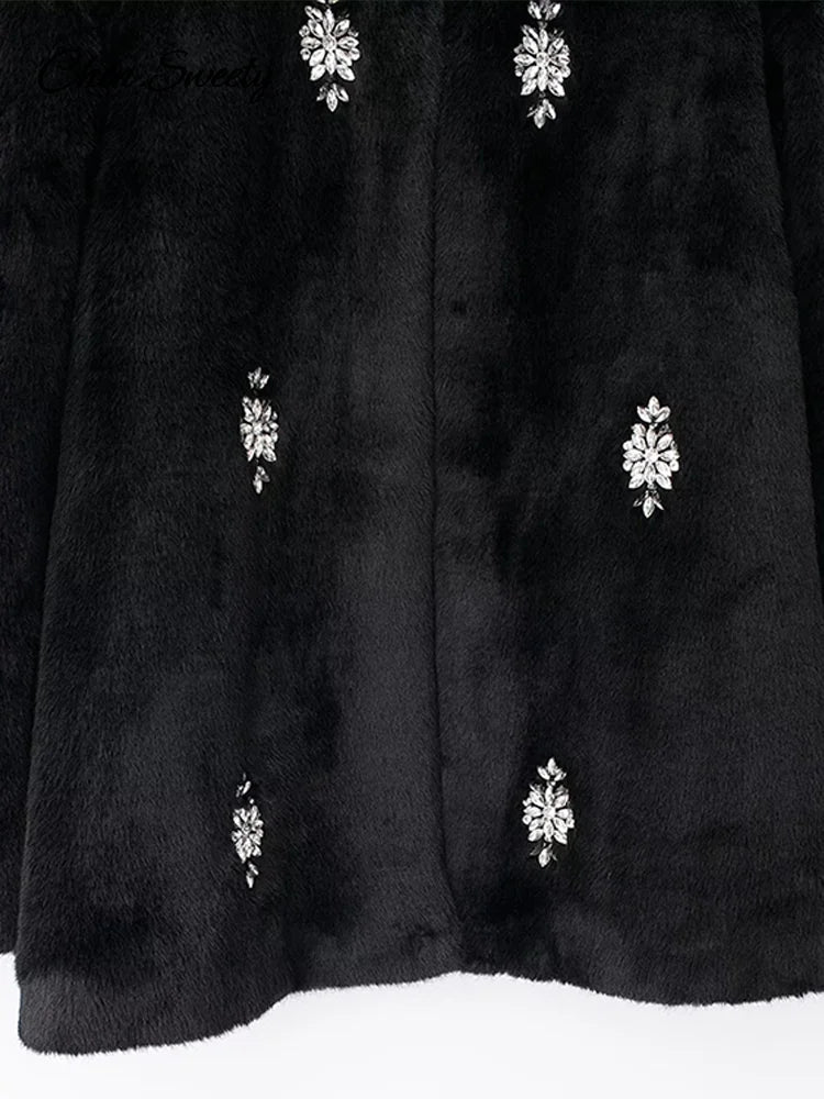 Jewelry Fur Coat Winter Black Plush O-neck Long Sleeve Loose Jacket Female Warm Thicken Lady Overcoat