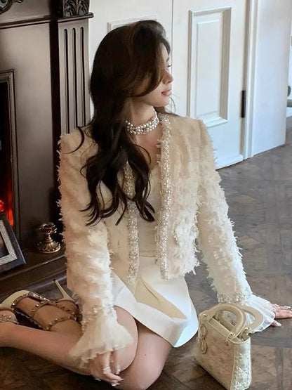 Fringed Tweed Coat New Autumn Long Sleeves Heavy Industry Embroidered Bell Bottoms Stitching Lace .