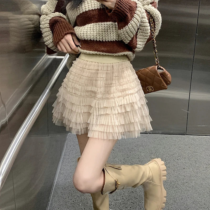 Black Tulle Mini Skirt Aesthetic Kawaii Ruffles Pink Mesh Skirts Summer Korean High Waist a Line Skirt