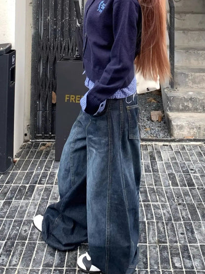 Y2k Letter Embroidery Washed Jeans Harajuku Wide Leg Denim Pants Baggy Gyaru Scimitar Trousers