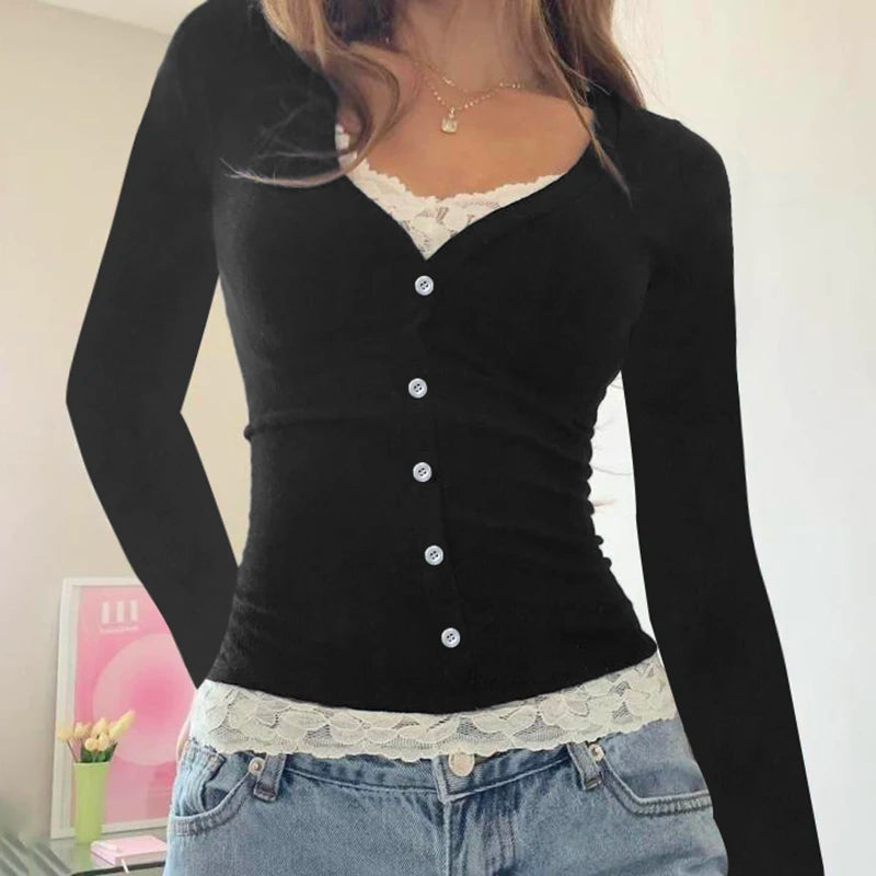 Y2k Contrast Lace Slim Top Autumn Long Sleeve Buttons T-shirt Knitted Outfits Sweet Korean Tee