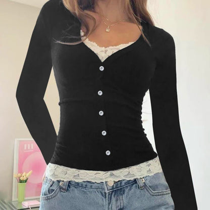 Y2k Contrast Lace Slim Top Autumn Long Sleeve Buttons T-shirt Knitted Outfits Sweet Korean Tee