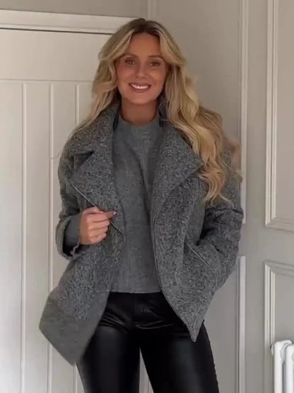 Gray Simple Woolen Jacket Woman Autumn Winter Turn Down Collar Long Sleeve Jackets Coat Female New Outerwear