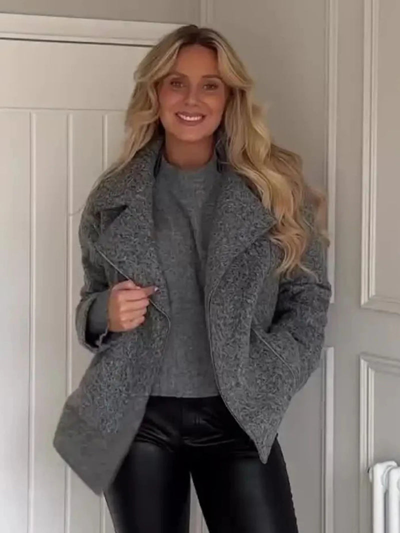 Gray Simple Woolen Jacket Woman Autumn Winter Turn Down Collar Long Sleeve Jackets Coat Female New Outerwear