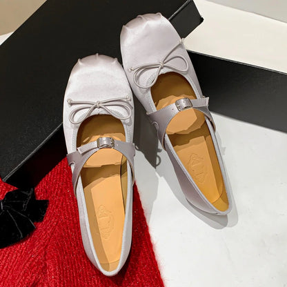 Genuine Leather Round Toe Slipon Mary Jane Ballet Flats Sweet Bowtie Soft Comfortable Ballerinas Shoes Hot