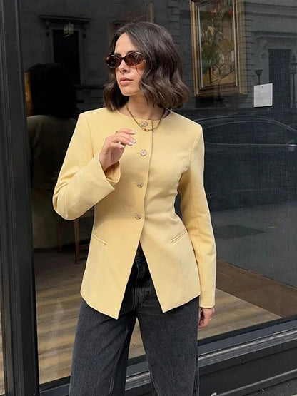 Office Coats O Neck Long Sleeve Pockets Single Breasted Female Jackets Autumn Lady Tops