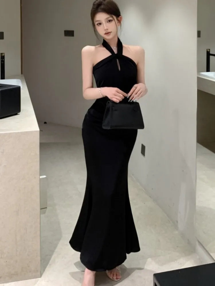Bodycon Satin Evening Party Dress Sleeveless Halter Slim Mermaid Summer New Midi Dresses for Prom Vestidos Mujer