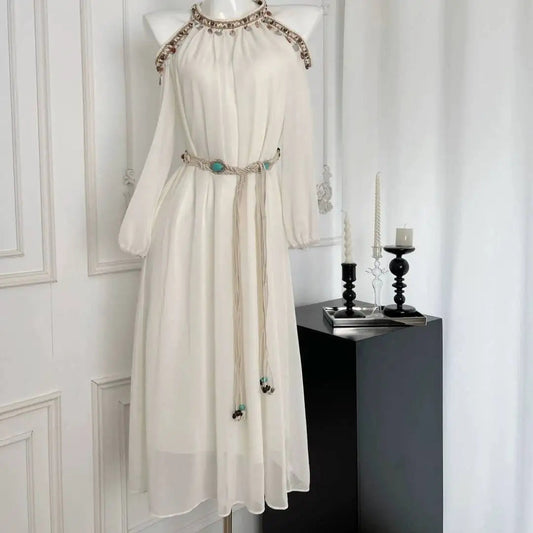 Autumn New Vacation Style Slim Fit Shell Lace White Dress Fairy Off Shoulder Loose Aline Long Dress for
