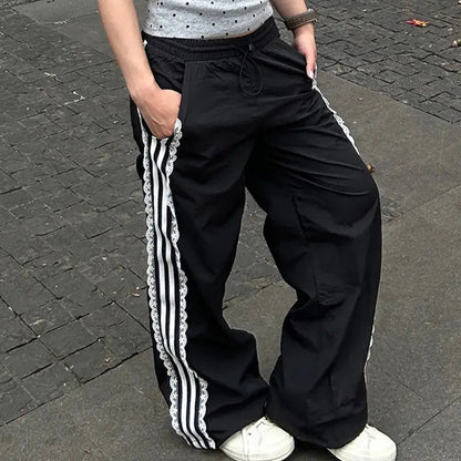 Coquette Sweatpants Summer Y2k Lace Stripe Patchwork Elastic Waist Sports Pants Trousers
