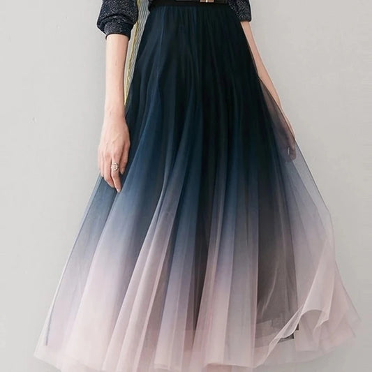 Tulle Skirts High Waist Gradient Mesh Pleated Midi Skirt Korean Elastic Loose All Match a Line Skirt