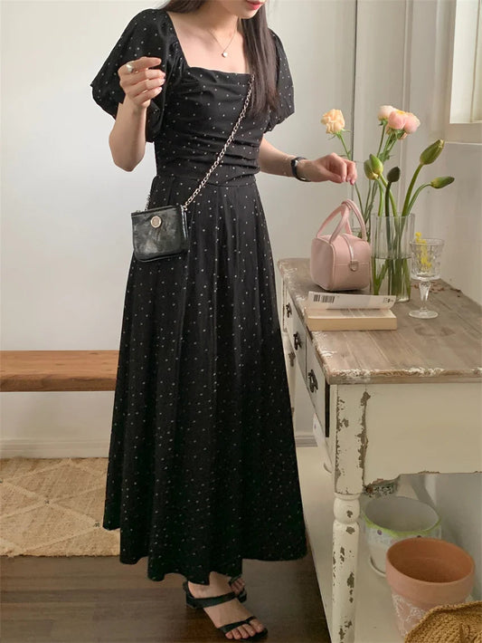 Summer New Polka Dots Maxi Dress Daily Sweet Short Puff Sleeve Office Lady Gentle Vacation