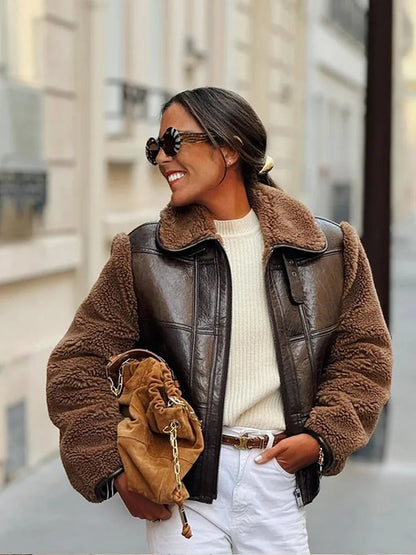 Zipper Patchwork Lamb Wool Leather Coats for Oversized Lapel Warm Jackets Lady High Street Outerwears