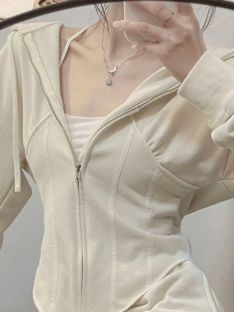 Deeptown Y2k Hip Hop Zip Up Hoodies Grunge Slim Long Sleeve Sweatshirts Allmatch Cropped Tops Sportwear