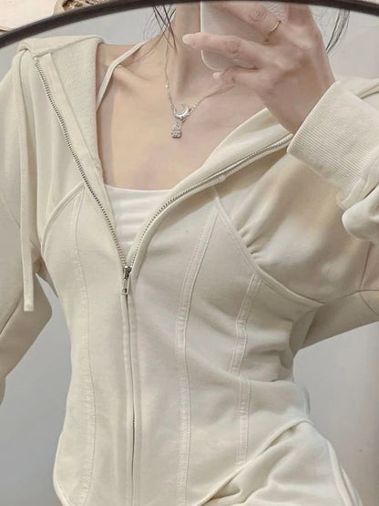Deeptown Y2k Hip Hop Zip Up Hoodies Grunge Slim Long Sleeve Sweatshirts Allmatch Cropped Tops Sportwear