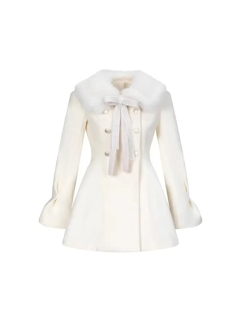 Sweet Hot Girl Fur Collar Slim Fit Woolen Coat Autumn Winter Preppy Style Doublebreasted Jacket Female Clothes
