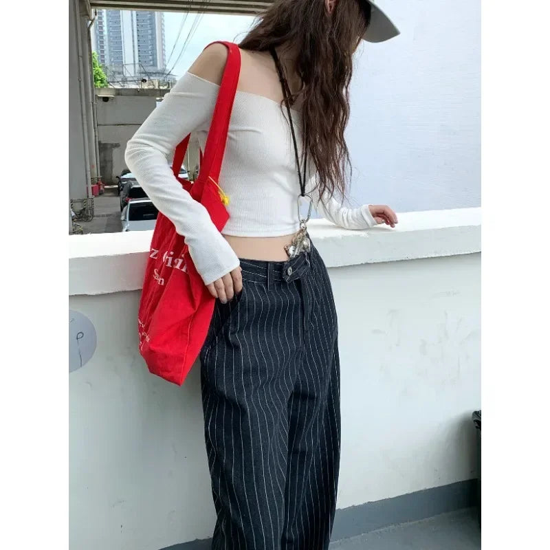 Contrast Color Striped Jeans Autumn New American High Waist Loose Allmatch Denim Wide Leg Pants