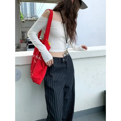 Contrast Color Striped Jeans Autumn New American High Waist Loose Allmatch Denim Wide Leg Pants