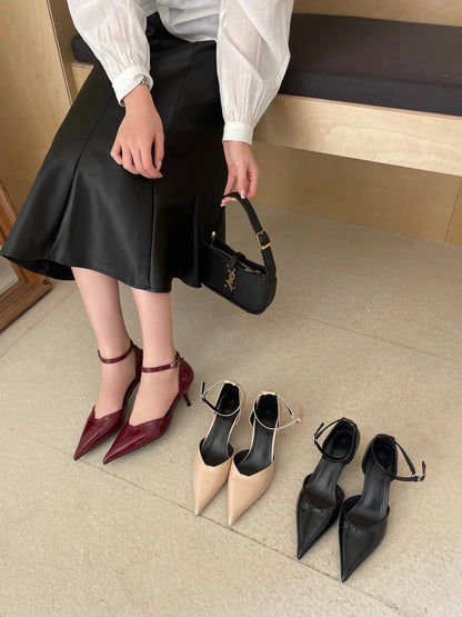 Pointed Heel Sandals Comfort Shoes for Suit Female Beige Black High Leather Low Stiletto Scandals Rubber Fab