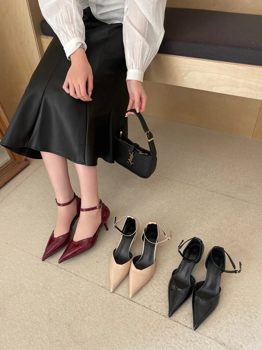 Pointed Heel Sandals Comfort Shoes for Suit Female Beige Black High Leather Low Stiletto Scandals Rubber Fab