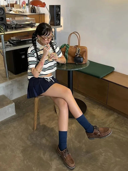 Striped Contrast Short Sleeve T-shirt Buttons Turndown Collar Tee Shirt Spring New Top Tees