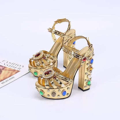 European and American Thick High Heels, Thick Soles, Pure Handmade Diamond Inlaid Sandals, Nightclub Runway Shoes