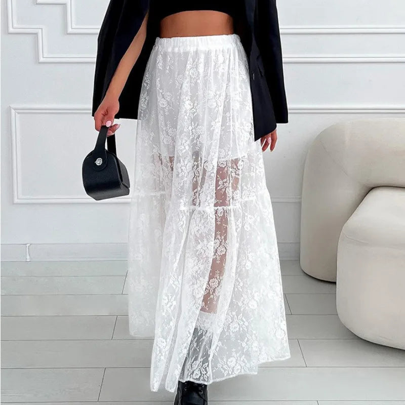 American Retro Hollow Seethrough Lace Aline Skirt Summer New High Waist Color Loose Midlength Skirt