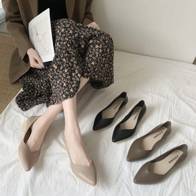 Black Office Shoes for Normal Leather Summer Footwear Low Heel Pointed Toe Young on Y2k